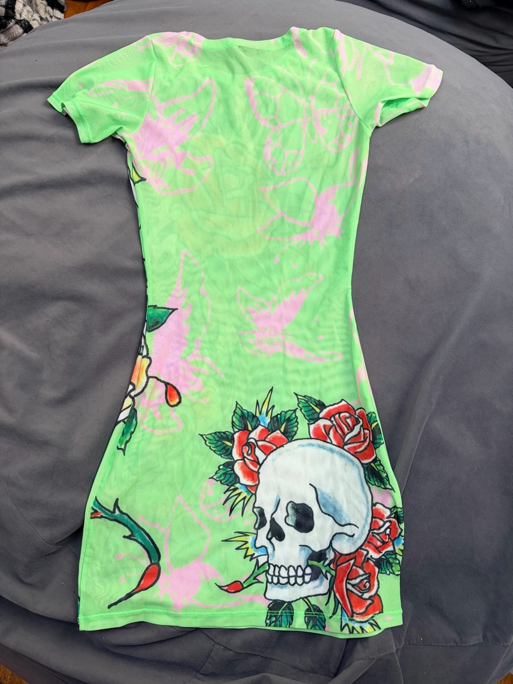Ed Hardy Neon Green Skull & Rose Mini Dress
